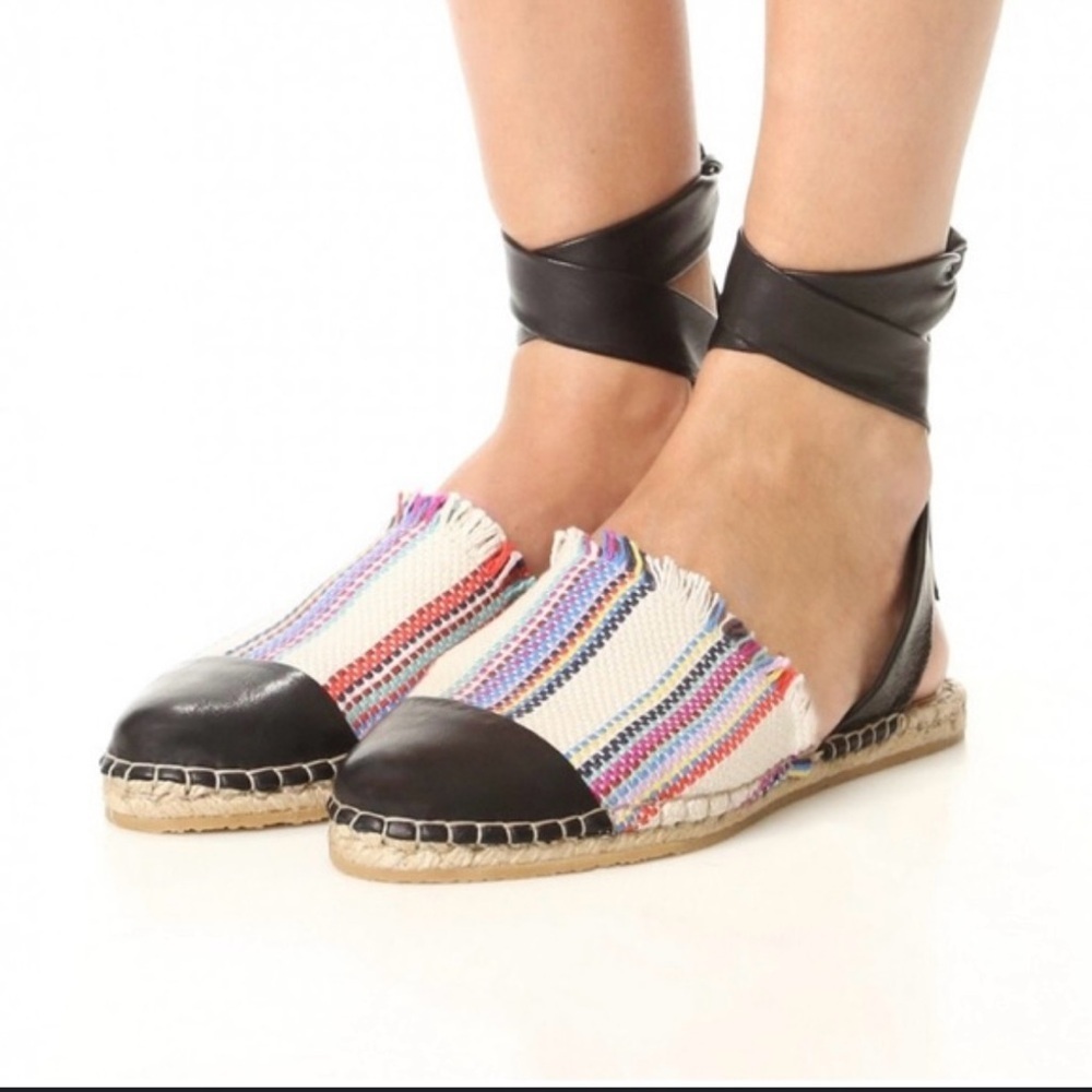 Loeffler Randall‎ Striped Black Ribbon Ankle Espadrilles